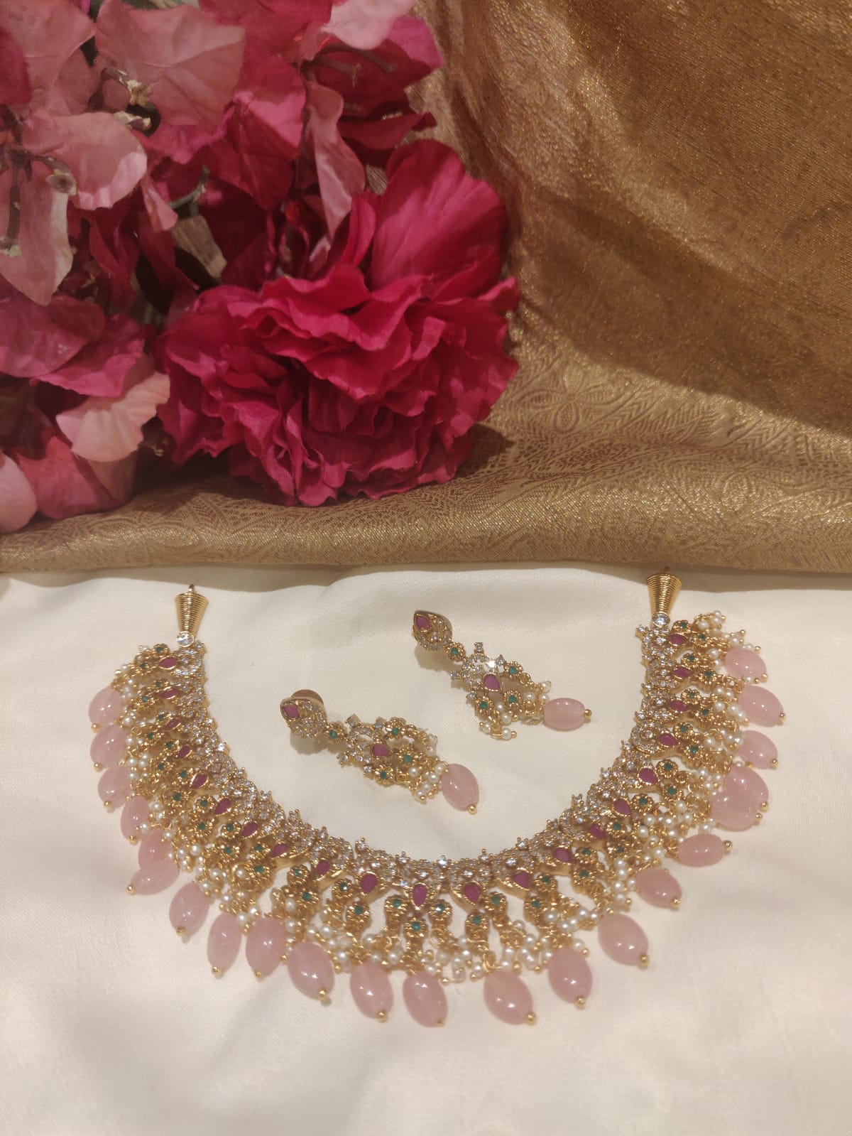 Beautiful Baby Pink Beads Styled Ruby Fitted AD Brass Short Necklace