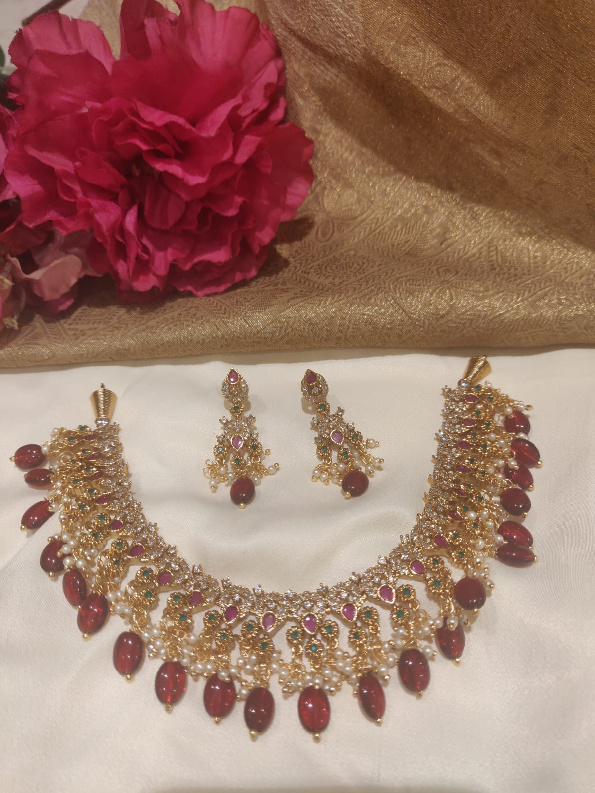 Beautiful Blood Red Beads Styled Ruby Fitted AD Brass Short Necklace