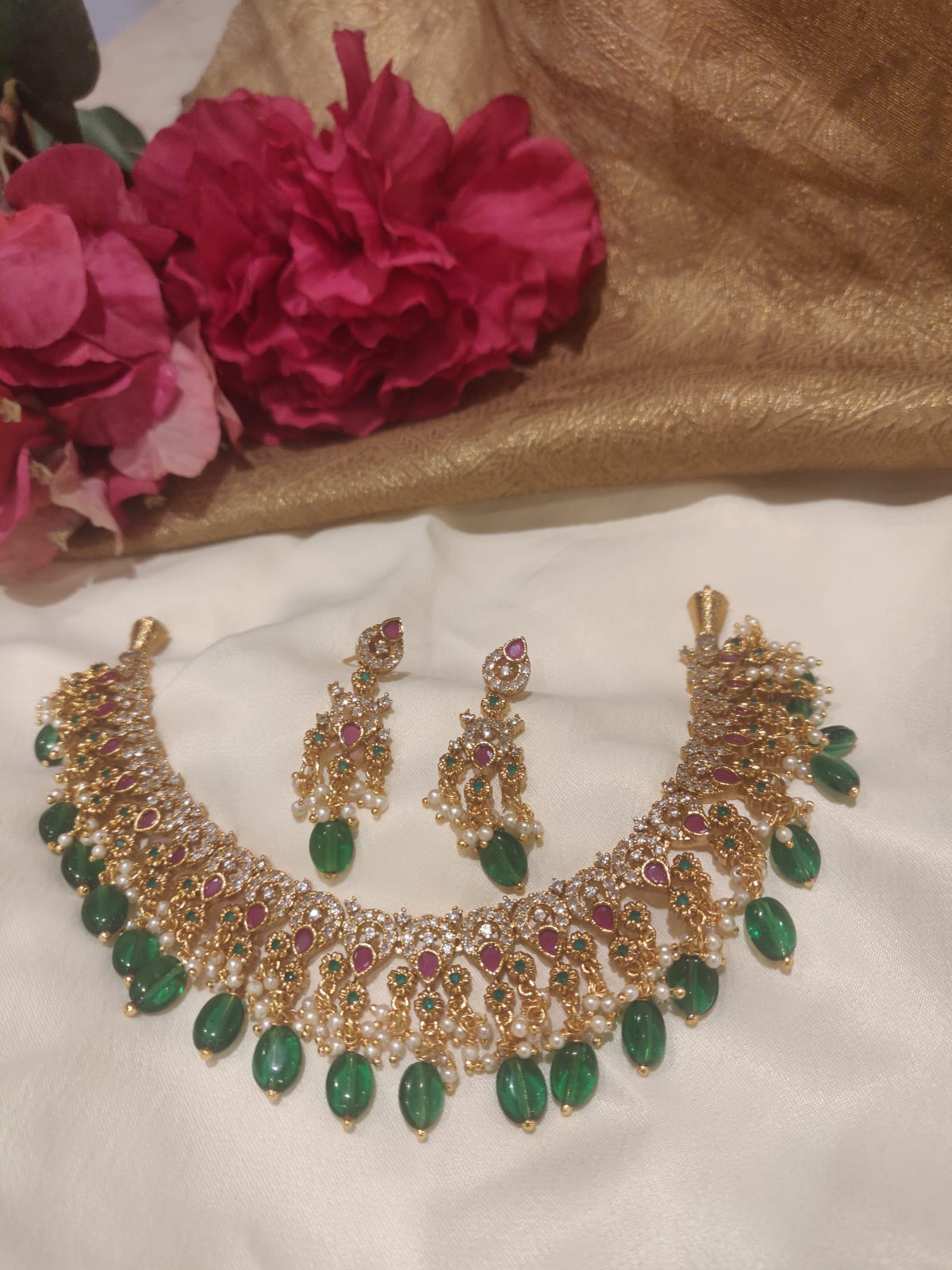 Beautiful Dark Green Beads Styled Ruby Fitted AD Brass Short Necklace