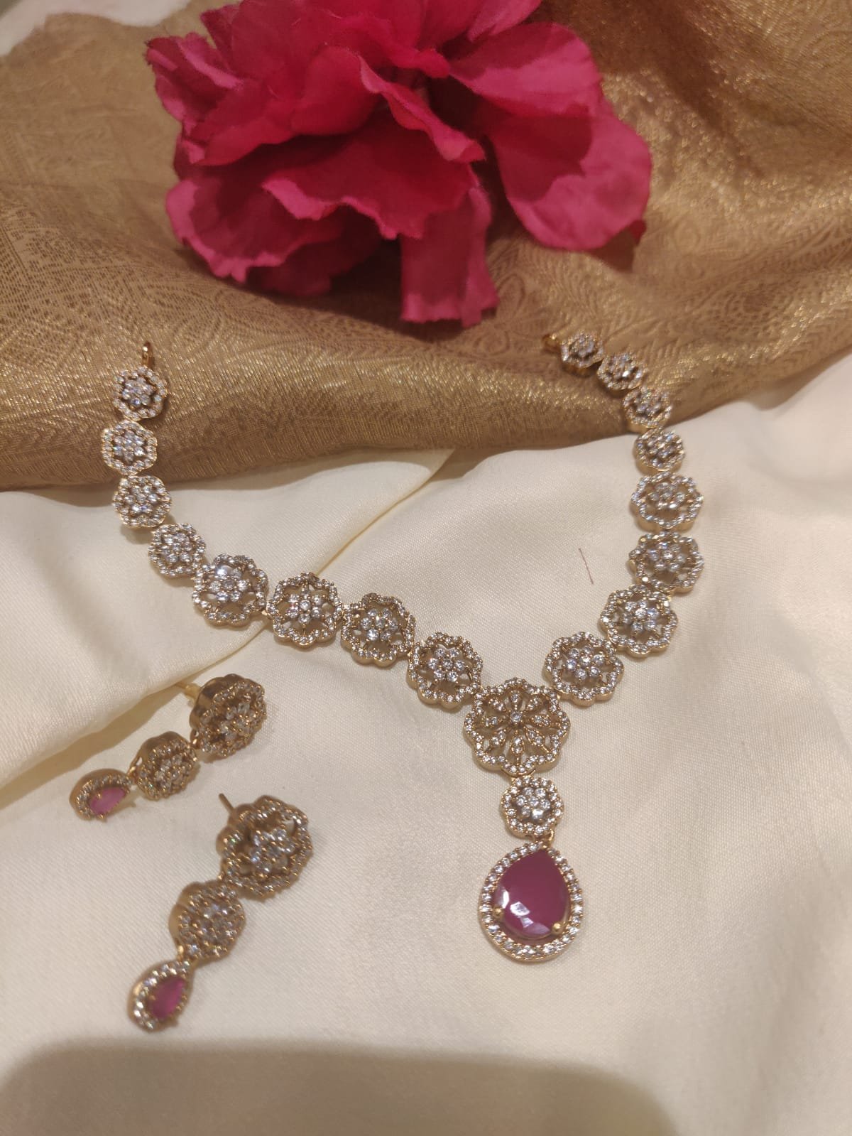 Classic Floral Design Ruby Pendant AD Short Brass Necklace