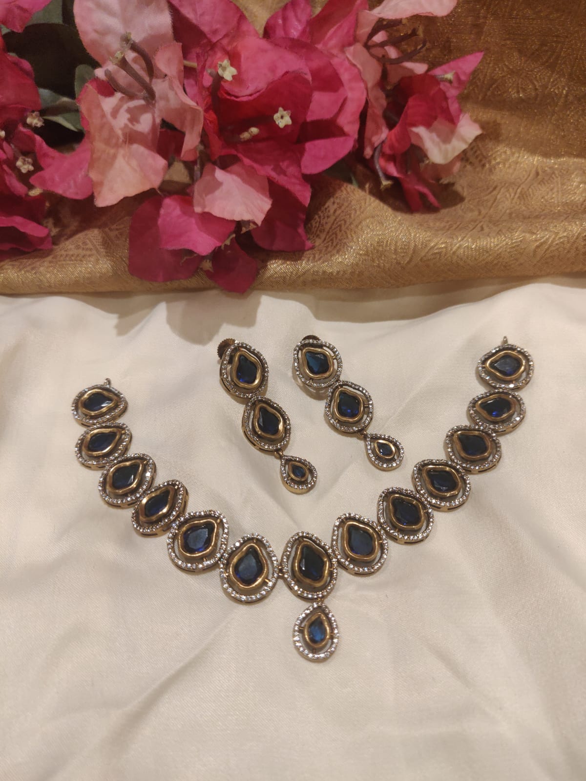 Exquisite Navy Blue Stone Fitted Antique Finish AD Short Necklace