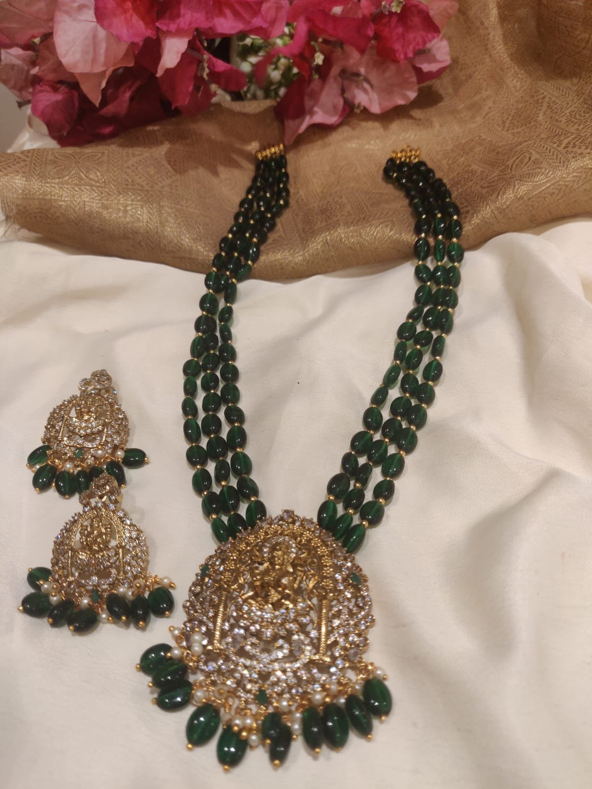 Premium Handcrafted Temple AD Lakshmi Pendant Green Victorian Necklace