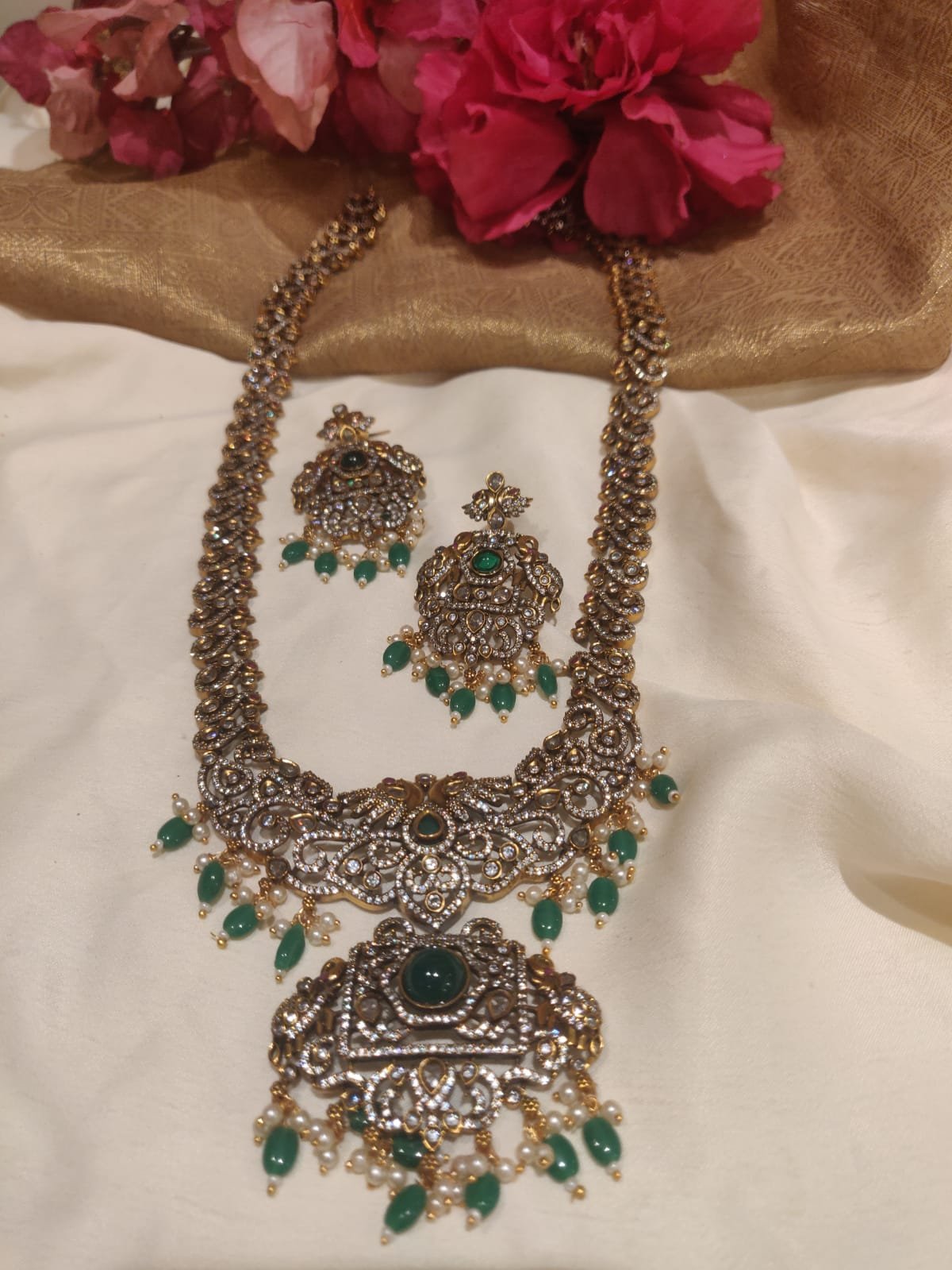 Magnificent Antique Finish Green Stone Styled Long AD Haram