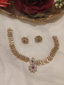 Whimsical Gold Finish Floral Pendant AD Short Necklace