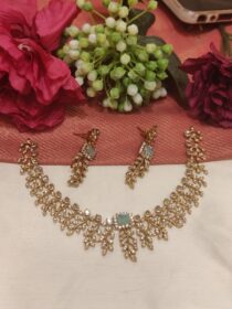 Scintillating Leaf Design Sky Blue Stone Short Necklace