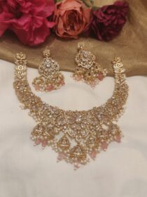 Jubilant AD Stone Peacock Design With Pink Beads Bridal Short Necklace