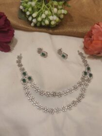 Unique Silver Finish Layer Floral Design Green Stone Short Necklace
