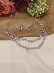 Unique Silver Finish Layer Floral Design Ruby Stone Short Necklace