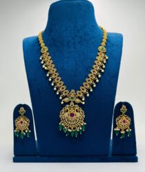 Mesmerizing Floral AD Design With Peacock Pendant Green Beads Long Necklace