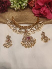 Majestic Floral Design Red Stone Pendant Droplet Pearl Bridal Choker