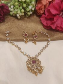 Majestic Floral Design Red Stone Pendant AD Short Necklace