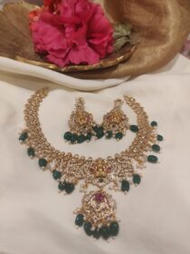 Glamorous Gold Finish Temple Design AD Green Beads Short Necklace