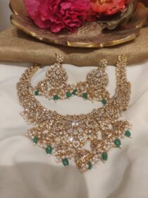Jubilant AD Stone Peacock Design With Green Beads Bridal Short Necklace