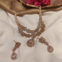 Brilliant Square Pink Stone Layer Short Necklace