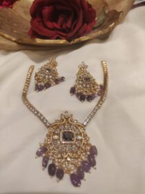 Vibrant Gold Plated Beads Styled Purple Fitted Pendant AD Short Necklace