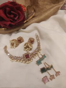 Ethereal Gold Finish Crystal AD Changeable Stone Short Necklace
