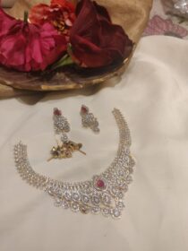 Artisanal Silver Finish Crystal AD Droplet Changeable Stone Short Necklace