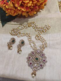 Alluring Pendant AD Red Stone Pearl Mala Handcrafted Necklace