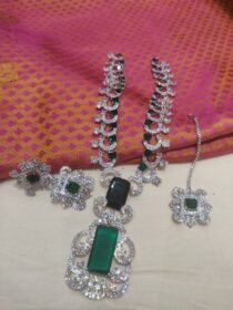 Brilliant Silver Finish Green AD Stone Bridal Long Neklace