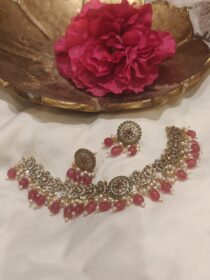 Alluring Peacock Floral Design AD Stone Red Beads Short Necklace
