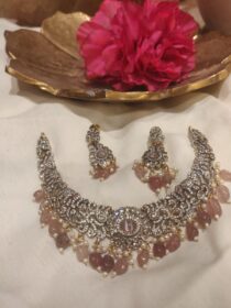 Lustrous Peacock and Elephant Design Anti Finish Pink Beads Short Necklace