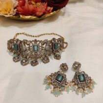 Divine Peacock AD Stone Anti Finish Sky Blue Beads Choker