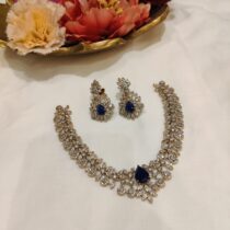 Glamorous Leaf Design AD Dark Blue Stone Short Necklace