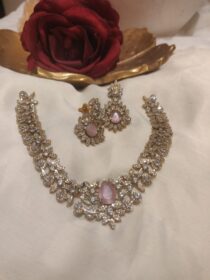 Glamorous Leaf Design AD Pink Stone Short Necklace