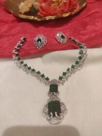 Radiant Silver Finish AD Green Stone Short Necklace
