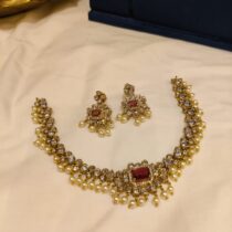 Brilliant Kundan Red AD Stone Pearl Short Necklace