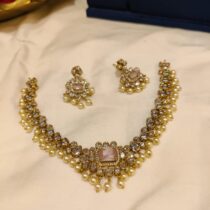 Brilliant Kundan Pink AD Stone Pearl Short Necklace