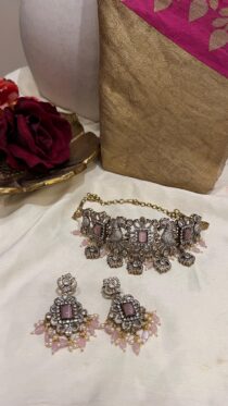 Divine Peacock AD Stone Anti Finish Pink Beads Choker