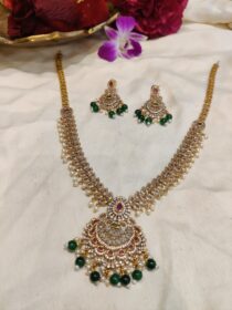 Brilliant Leaf Design AD Stone Green Beads Long Necklace