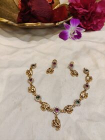 Alluring Elephant Design AD Floral MultiColour Stone Short Necklace