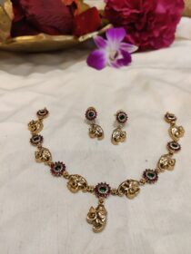 Alluring Elephant Design AD Floral Red and Green Stone Short Necklace
