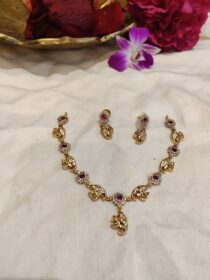 Alluring Elephant Design AD Floral Red Stone Short Necklace