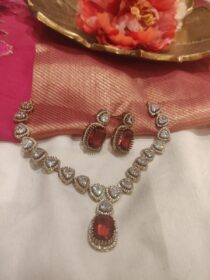 Sparkling Crystal AD Short Necklace With Red Kundan