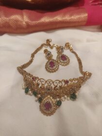 Captivating Red AD Peacock Choker With White Green beads