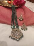 Radiant Handcrafted Green Beads Long Necklace With Floral Pendant Green White Beads