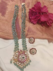 Elegant Light Green Mala With Floral Peacock Pendant Light Green Beads