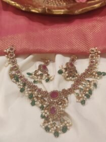 Refined Floral Red AD Necklace With Green White Beads