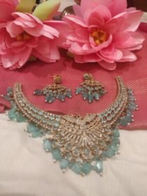 Sparkling LightBlue  AD Stone Peacock Necklace With LightBlue Beads