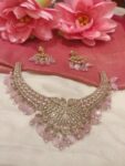 Sparkling Light Pink AD Stone Peacock Necklace With Pink Beads