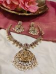 Poised AD Red Golden Leafs Lakshmi Neckalce with White Beads