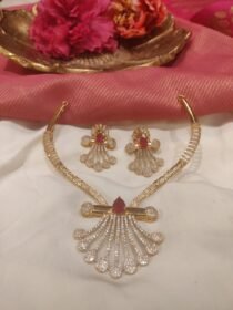 Lustrous Droplet Crystal Finish Necklace With Red Ad Stone