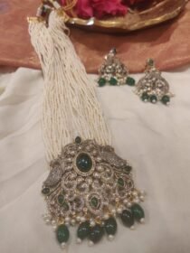 Majestic Multilayer White Beads Mala With Peacock Pendant Green Beads