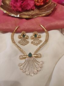 Lustrous Droplet Crystal Finish Necklace With Green Ad Stone