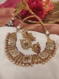Radiant Bridal Short Necklace with Red Beads Outline and Golden beads