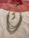 Sparkling Handcrafted Cryastal Green Multilayer Long Necklace With Golden Beads