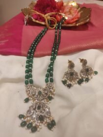 Lustrous Handcrafted 2 Layer Green Mala With Peacock Pendant white Green Beads